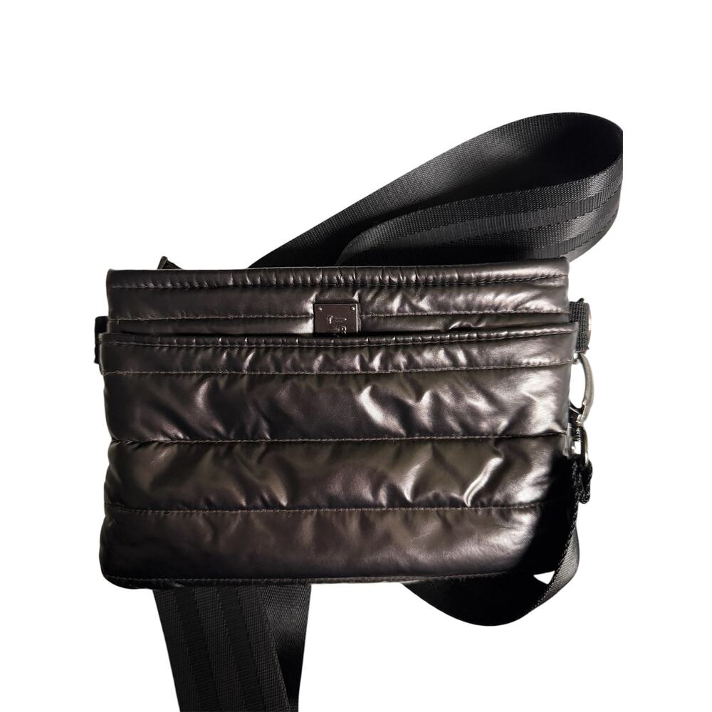 Think Royln Quilted Puffer Crossbody Bag Black Glossy Multi Zip Adjustable Strap